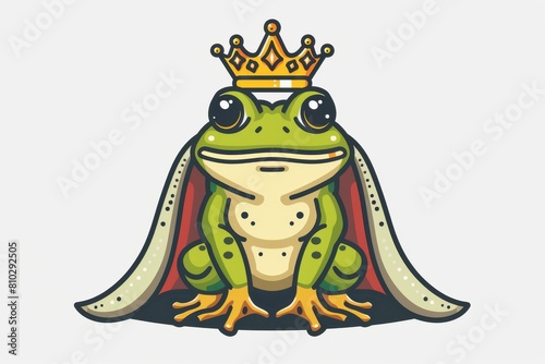 Charming cartoon illustration of a regal frog wearing a golden crown and a majestic cape with a gallant expression