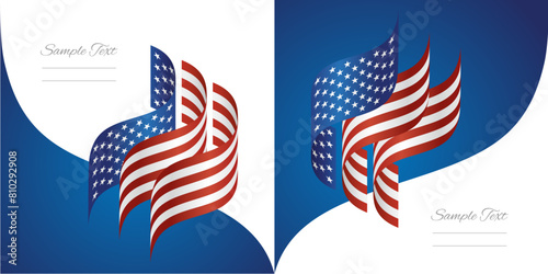 USA abstract wavy flag ribbon vector. USA striped wavy flag two fold brochure concept on red white background © simbos