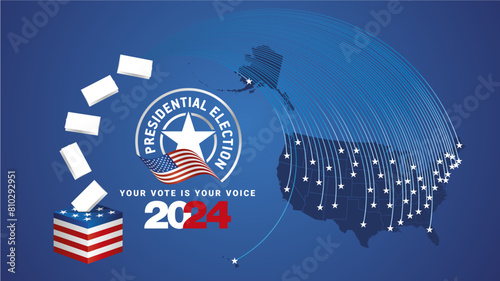 USA Presidential Election, 2024. USA political election campaign banner with blue background. USA Voting Day 2024. USA stars with USA flag, map, ballot box and ballots on blue background © simbos