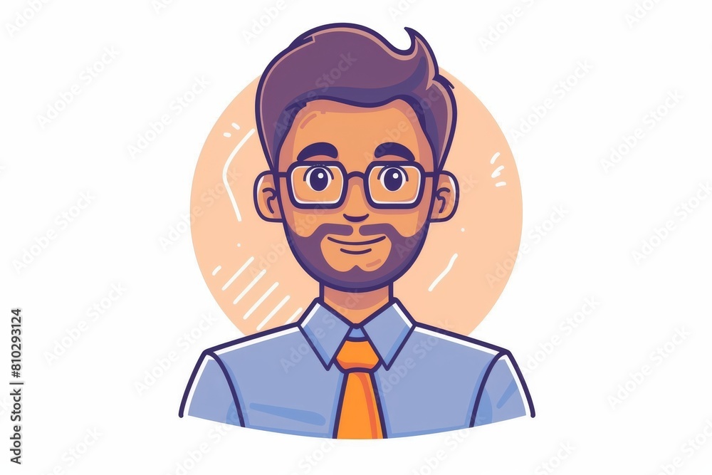 Colorful illustration of a smiling, bespectacled businessman with neat hair and a tie, set against a warm-toned circular background Colorful illustration of a smiling, bespectacled businessman with neat hair and a tie, set against a warm-toned circular background