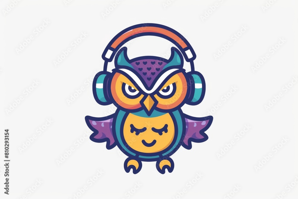Colorful cartoon owl with headphones, symbolizing joy, music, and amusement, ideal for mascot or music-themed design elements