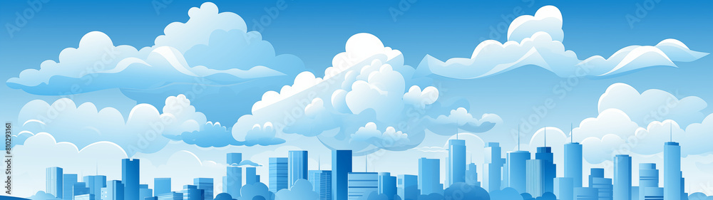 Stylized Cityscape with Clouds in a Blue Monochrome Style