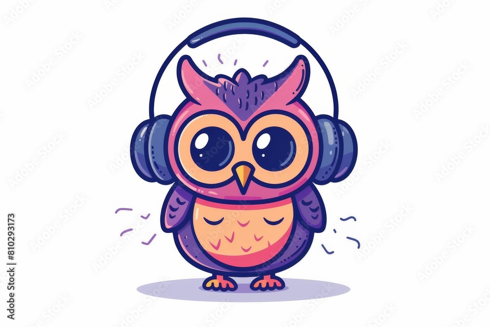 Cute colorful cartoon owl character wearing headphones, vibrantly illustrated for music, education, and children's themed designs and digital content