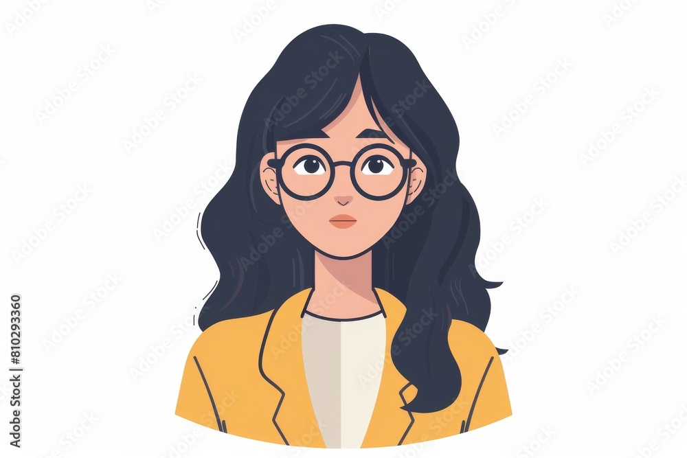 Portrait of a confident and friendly young professional woman in a yellow blazer and glasses, illustrated against a white background Portrait of a confident and friendly young professional woman in a yellow blazer and glasses, illustrated against a white background