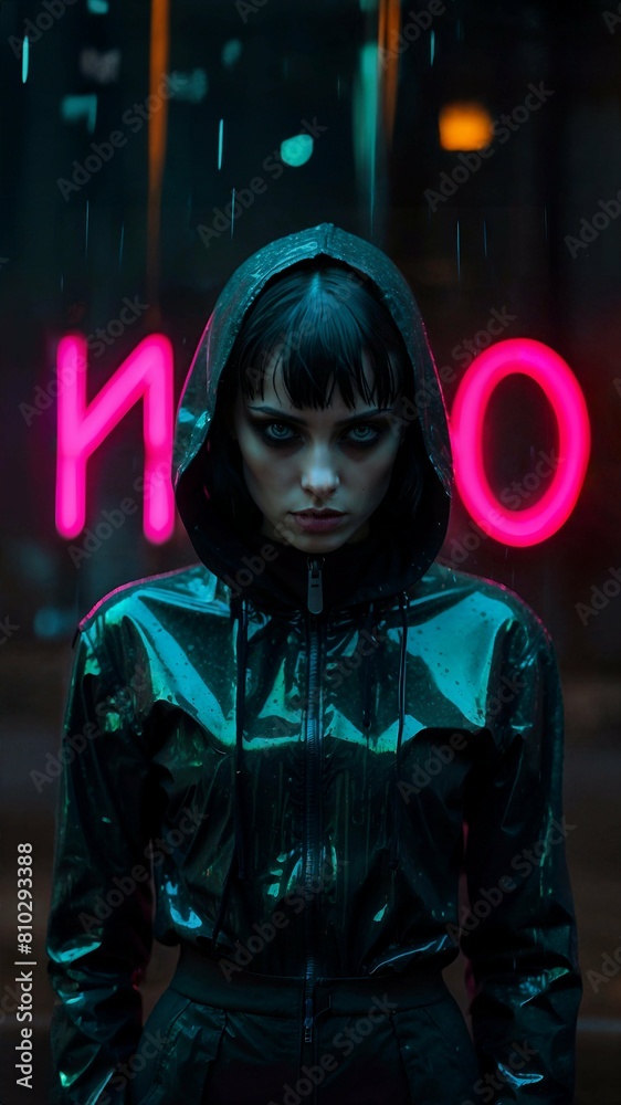 Dark portrait of a hooded raincoat woman with the word no in neon lights Dark portrait of a hooded raincoat woman with the word no in neon lights