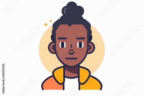 Vector illustration of a young woman with a confident gaze, sporting a yellow jacket against a soft, circular beige background