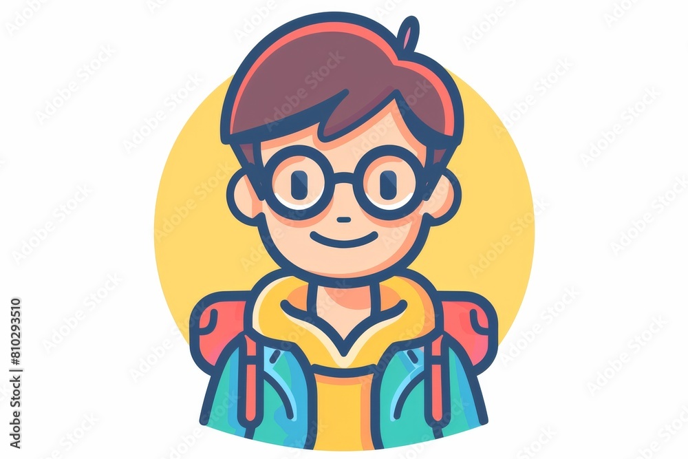 Happy cartoon illustration of a young student with glasses and a vibrant backpack, against a sunny yellow backdrop