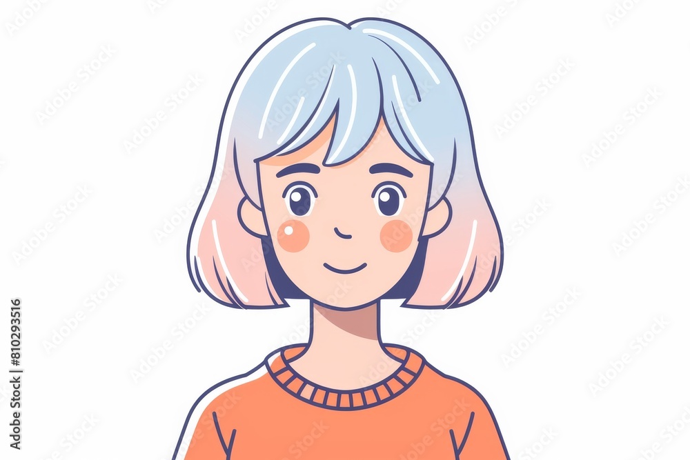 Illustration of a happy young woman with light blue hair and flushed cheeks, dressed in an orange sweater and smiling softly Illustration of a happy young woman with light blue hair and flushed cheeks, dressed in an orange sweater and smiling softly