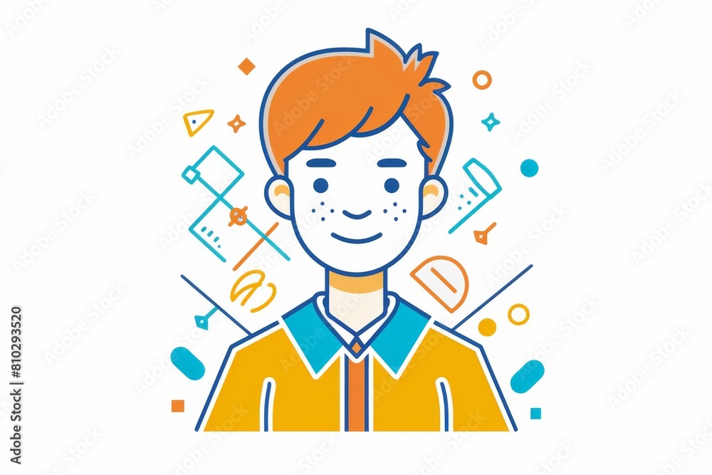 Lively, linear portrayal of a cheerful young man encircled by vibrant, abstract geometric forms and musical symbols Lively, linear portrayal of a cheerful young man encircled by vibrant, abstract geometric forms and musical symbols