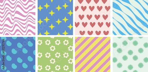 Great patterns with funny lucky daisy, wave, line. Set of vector backgrounds in trendy retro 2000 style. Hippie template for Instagram and social media stories, hippie template for posters.