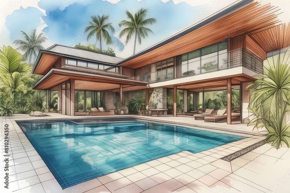 Fototapeta premium Modern Far North Queensland home, sleek design, large pool, lush garden. Open spaces, clean lines, natural light, sustainable.