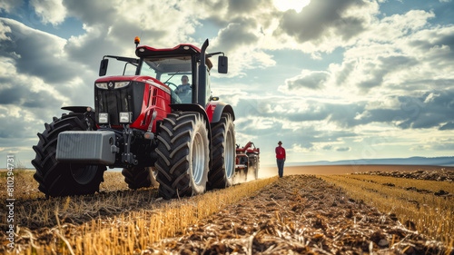 tractor on farm field with farmer standing next to it happy cinematic  daylight  bright saturated