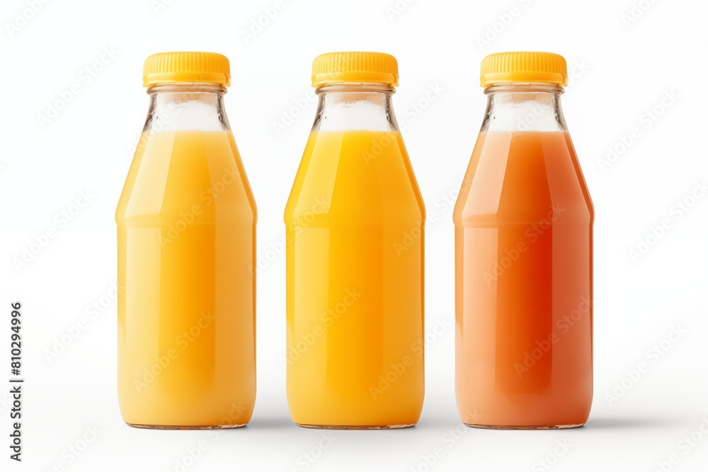 Three orange juice bottles with lids on a white background. Three orange juice bottles with lids on a white background.