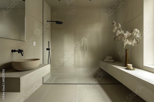 Luxurious minimalist bathroom with beige tones  featuring a walk-in shower  large basin  fluffy towels  and a serene ambiance for relaxation