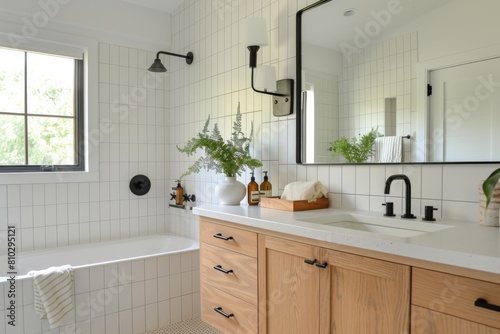 Spacious and contemporary bathroom with white tiles  wooden vanity  large mirror  and green plants bathed in daylight