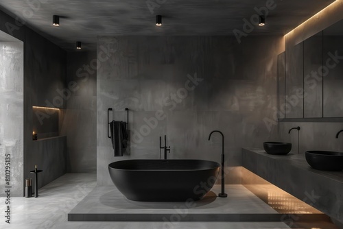 Luxurious dark-toned bathroom featuring a sleek freestanding tub  matching sink  and ambient lighting  showcasing contemporary design and sophistication