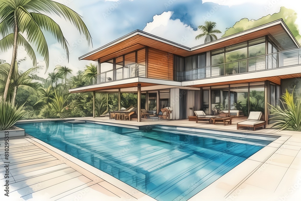Fototapeta premium Modern Far North Queensland home, sleek design, large pool, lush garden. Open spaces, clean lines, natural light, sustainable.