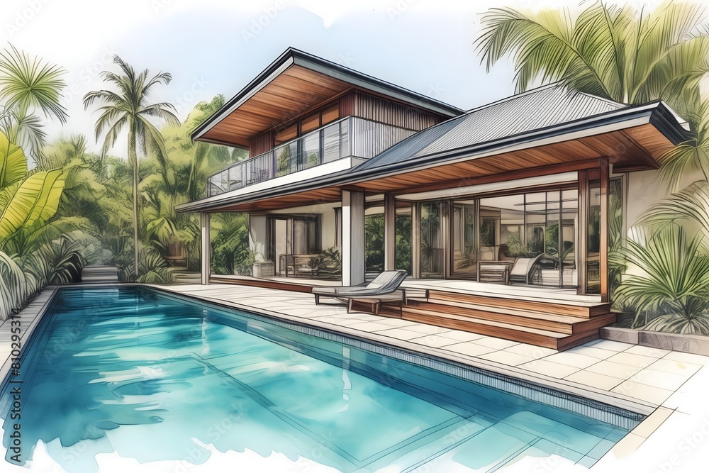 Fototapeta premium Modern Far North Queensland home, sleek design, large pool, lush garden. Open spaces, clean lines, natural light, sustainable.