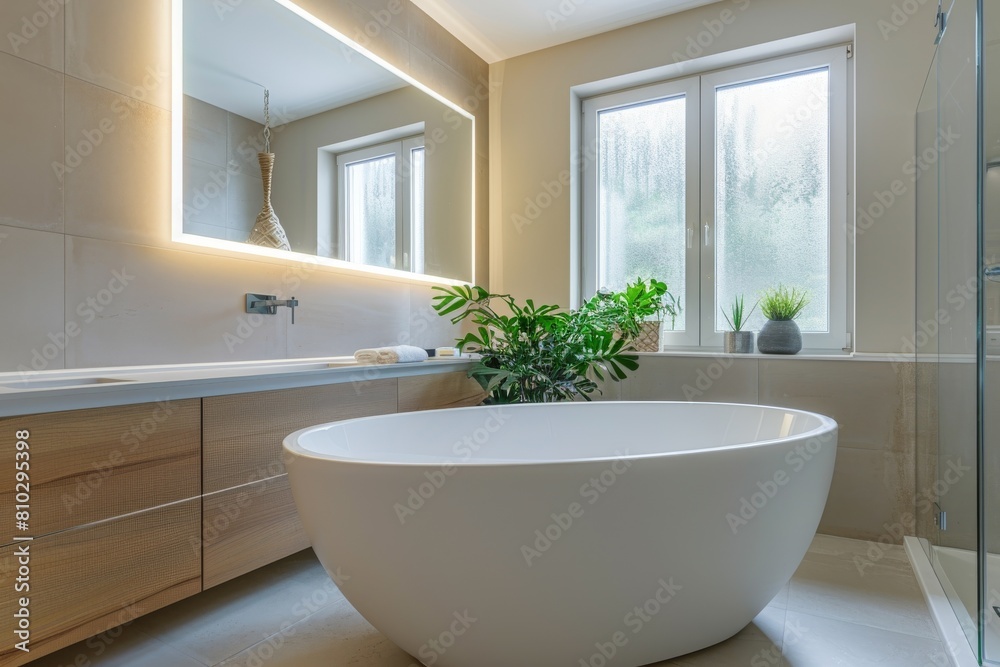 Modern bathroom design with a freestanding bathtub, soft lighting, greenery, and a frosted glass window for natural illumination Modern bathroom design with a freestanding bathtub, soft lighting, greenery, and a frosted glass window for natural illumination