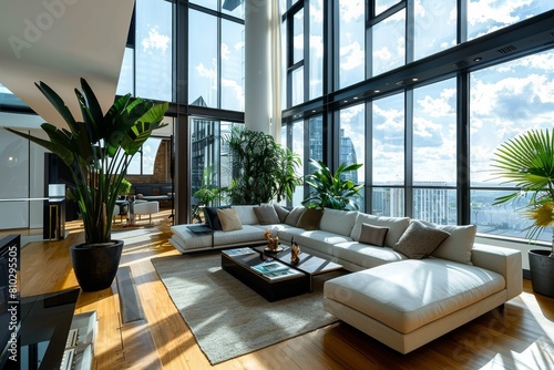 Luxurious penthouse living room with expansive floor-to-ceiling windows providing a stunning city view against a clear blue sky photo