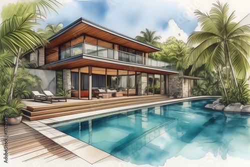 Modern Far North Queensland home  sleek design  large pool  lush garden. Open spaces  clean lines  natural light  sustainable.