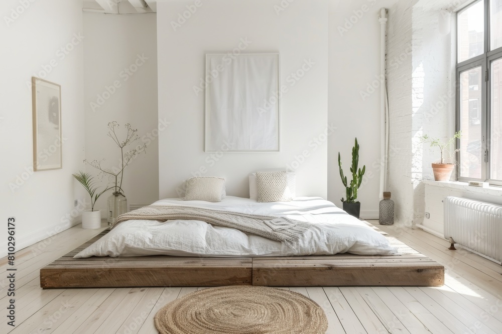 Minimalist bedroom with a spacious window, wooden floor, and clean white walls, featuring simple bedding on a low bed frame