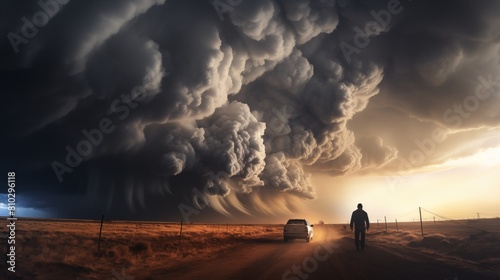 A lone observer watches a dramatic supercell storm approach at sunset photo