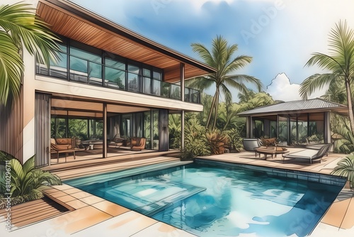 Modern Far North Queensland home  sleek design  large pool  lush garden. Open spaces  clean lines  natural light  sustainable.