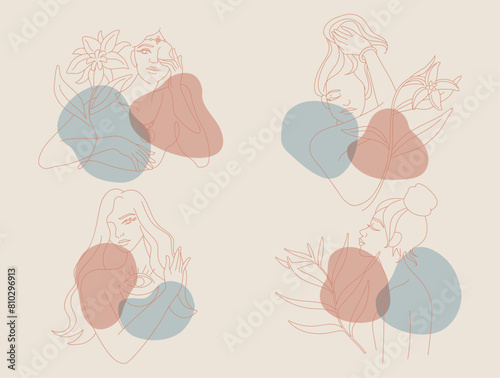 Collection of line art woman portrait in boho style  Simple lines of abstract female faces and tropical leaf nature  Magic symbols and spiritual mysteries  Vector design illustration.