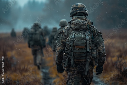A group of soldiers with full gear marching through a field with a moody, misty atmosphere that emphasizes the concept of military duty