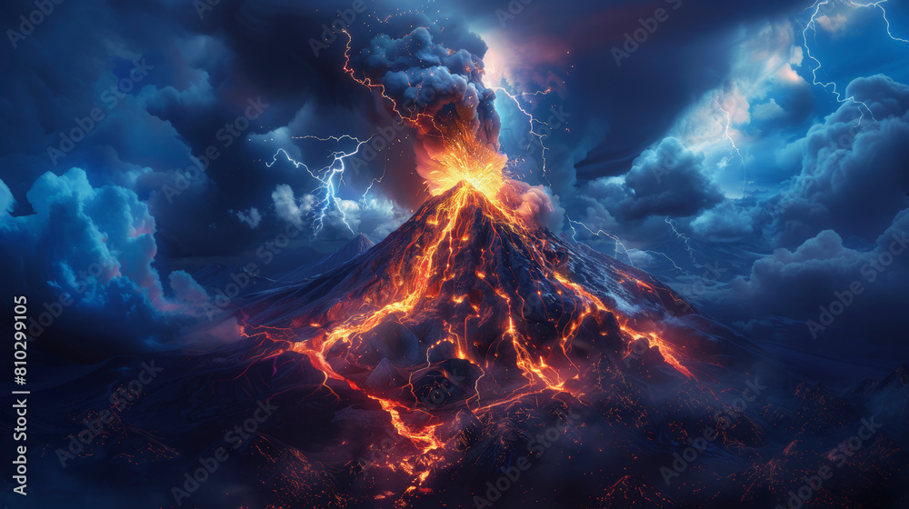 A dramatic volcanic eruption with lightning bolts in a dark stormy sky, showcasing nature's raw power through flowing lava and illuminated ash clouds.