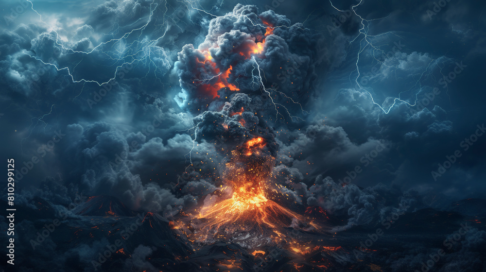 A dramatic volcanic eruption with lightning striking amidst the ash clouds, showcasing a powerful natural event with molten lava and smoke against a stormy sky.