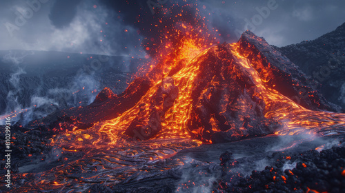 An erupting volcano with flowing lava streams, fiery eruptions, and a surrounding landscape glowing under a dark, ash-filled sky, depicting a dramatic natural event. photo