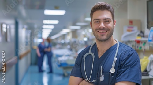Portrait of smiling nurse man wearing uniform standing at hospital ward