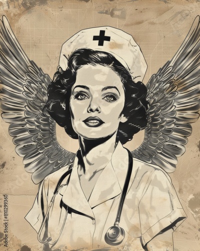 vitage illustration of nurse in uniform with angel wings behind 