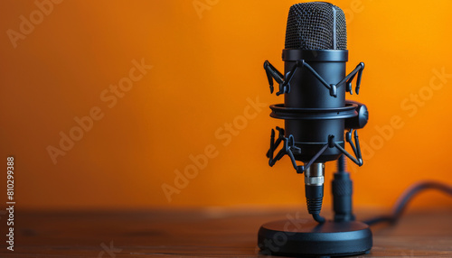 A professional studio microphone with a shock mount on a wooden table against a warm orange background, suggesting a podcasting or music recording setup. photo