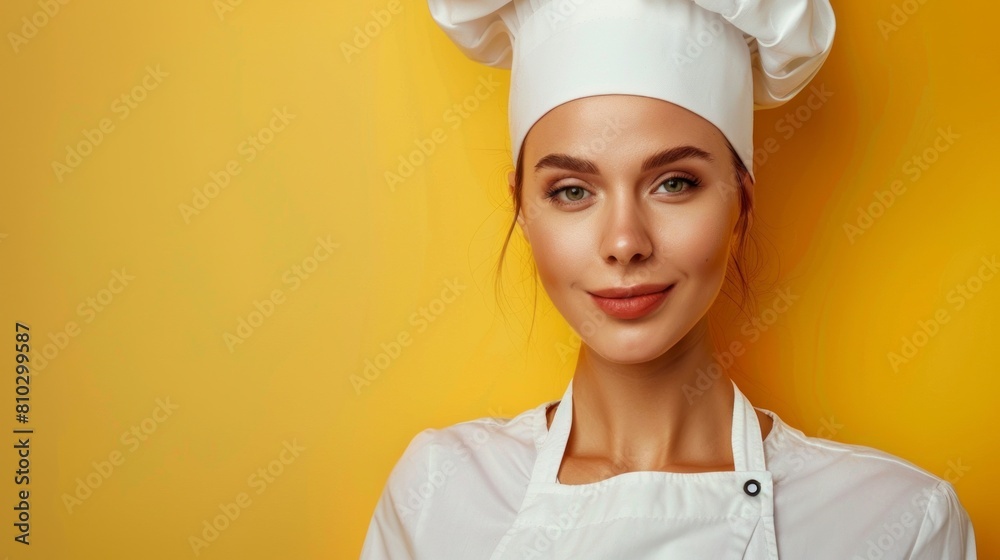 cute woman in chef outfit on bright yellow background cute woman in chef outfit on bright yellow background