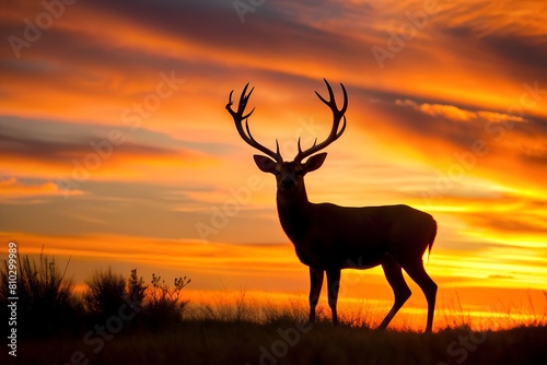 An imposing stag stands in bold silhouette against a striking sunset  evoking a sense of wilderness and freedom