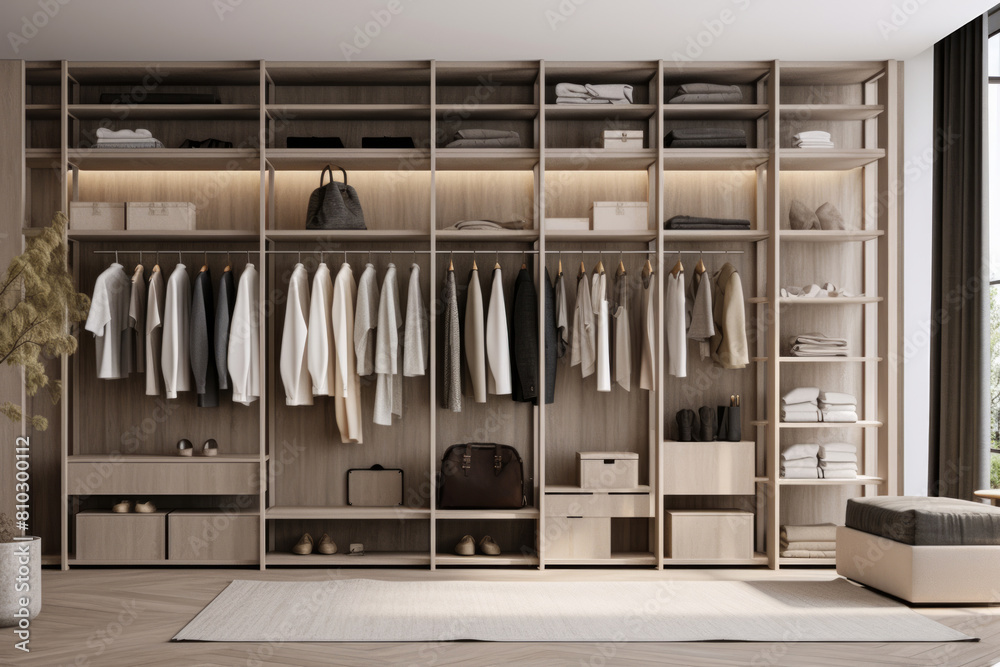 Elegant and tidy interior with organized wardrobe shelves and clothing Elegant and tidy interior with organized wardrobe shelves and clothing