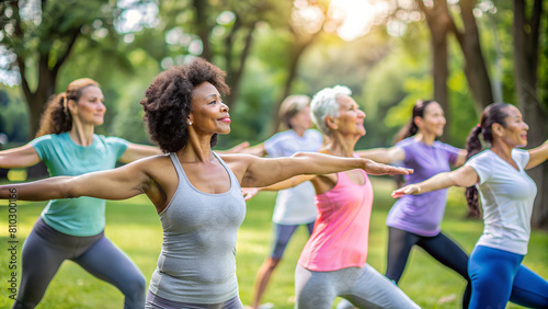Smiling diverse group of people participating in an outdoor yoga class in a lush green park