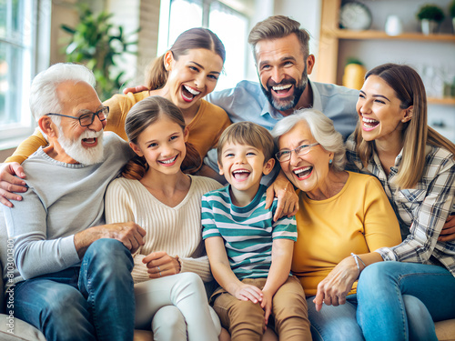 Three generations of a happy family are sitting together on a couch, smiling and bonding