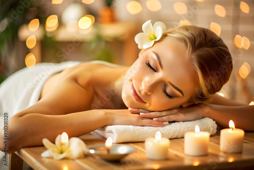 A blurred face of a woman lying face down enjoying a relaxing massage in a tranquil spa setting with candles