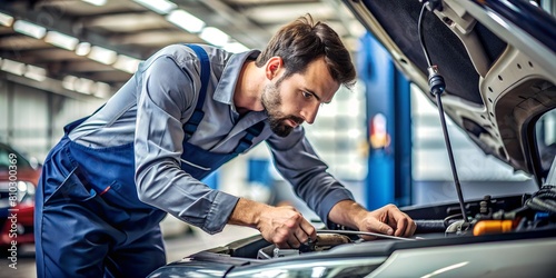 An auto mechanic in a uniform is working under the car hood, inspecting or repairing the engine in a vehicle workshop