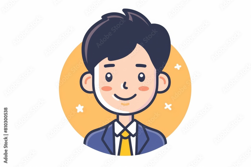 Smiling young cartoon businessman in a blue suit against a warm circular background with decorative stars: an illustration Smiling young cartoon businessman in a blue suit against a warm circular background with decorative stars: an illustration