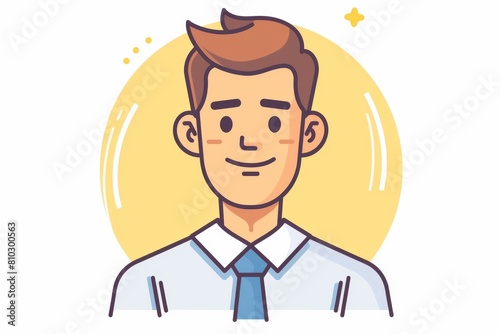 Cartoon depiction of a charismatic and approachable young businessman with a warm, confident smile in a professional corporate environment