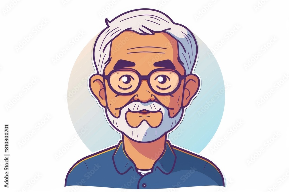 Vibrant digital drawing of a cheerful older gentleman with white hair, glasses, mustache, and a relaxed shirt Vibrant digital drawing of a cheerful older gentleman with white hair, glasses, mustache, and a relaxed shirt