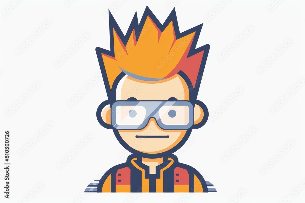 Image of a stylish geek character with vibrant orange spiked hair, trendy glasses, and a casual striped outfit, set against a plain white backdrop Image of a stylish geek character with vibrant orange spiked hair, trendy glasses, and a casual striped outfit, set against a plain white backdrop