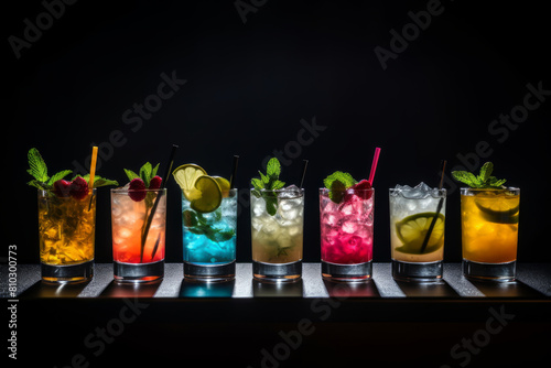 Vibrant lineup of colorful cocktails on bar counter