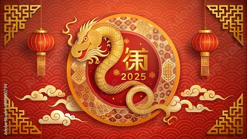 Richly decorated Chinese dragon entwined around a stylized 2025, golden lanterns hang against a red patterned background