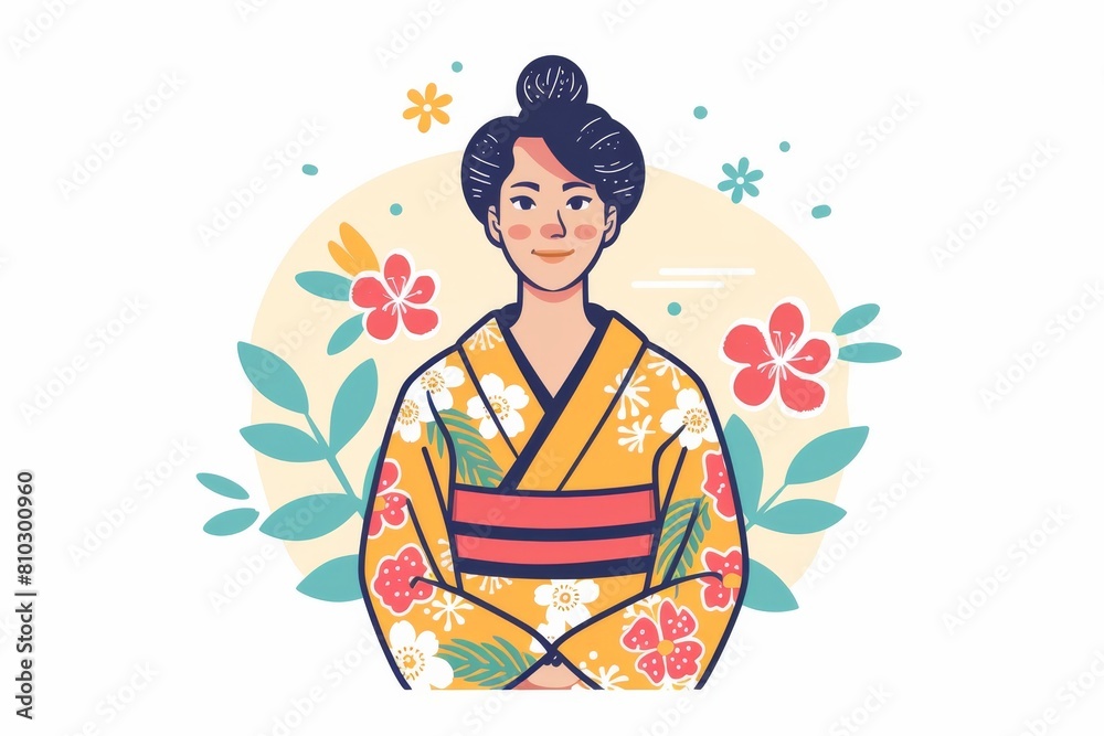 Beautiful and vibrant vector illustration of a geisha in traditional dress with stunning floral elements in a serene and artistic arrangement Beautiful and vibrant vector illustration of a geisha in traditional dress with stunning floral elements in a serene and artistic arrangement